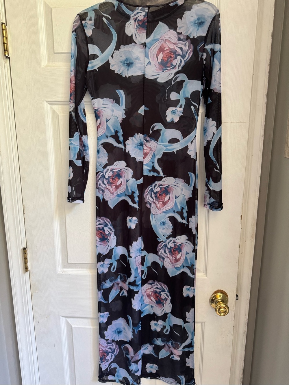 ASOS Black Long Sleeve Floral Bodycon Midi Dress with Blue & Pink Blooms